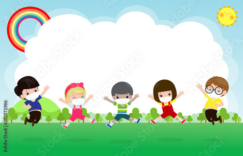 Back to school for new normal lifestyle concept. happy group kids wearing face mask and social distancing protect coronavirus covid-19 jumping on meadow at school isolated on background illustration