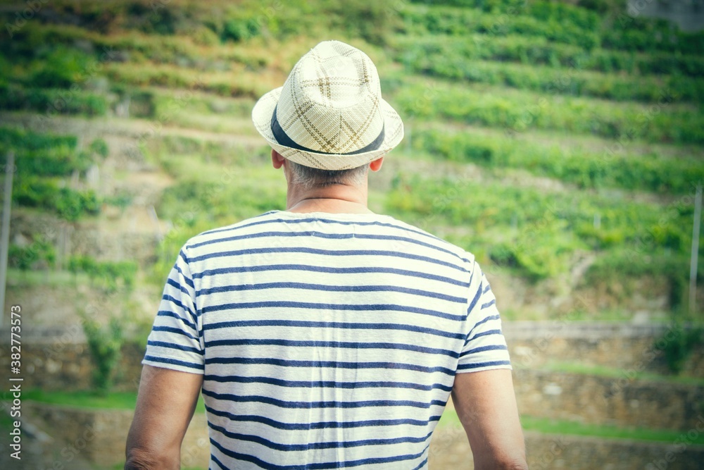 tourist from behind looking at the mountain