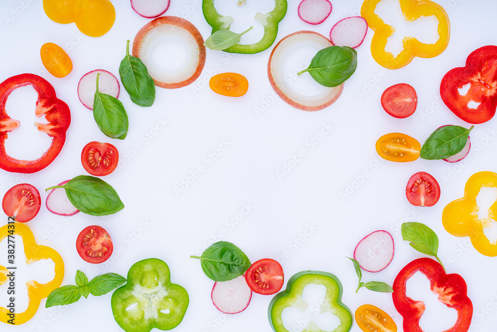 sliced vegetables pattern for cooking design on white background top view flat lay. sliced vegetables pattern for cooking design on white background top view flat lay.