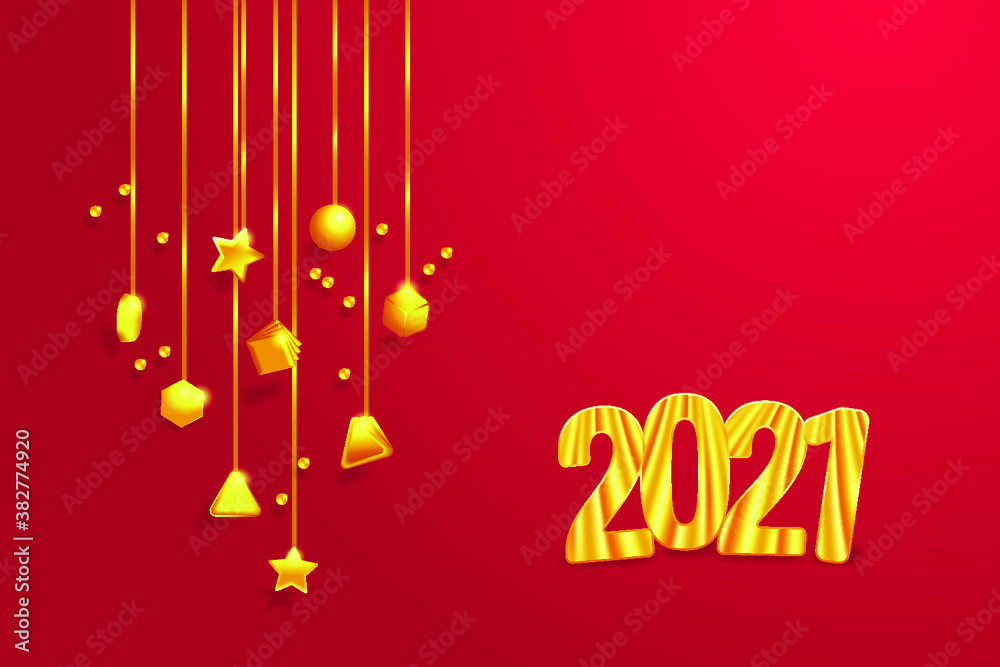 Naklejka premium Golden numbers 2021 and golden decorations. Christmas and New Year 2021 greeting card. Vector EPS10