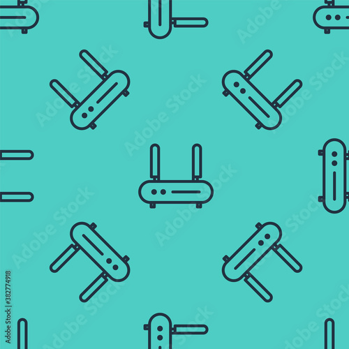 Black line Router and wi-fi signal icon isolated seamless pattern on green background. Wireless ethernet modem router. Computer technology internet. Vector Illustration.