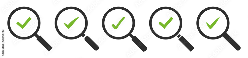 Magnifying glass and green check mark vector icon set. Magnifier with green ok tick isolated on white background. Vector illustration. Magnifying glass and green check mark vector icon set. Magnifier with green ok tick isolated on white background. Vector illustration.