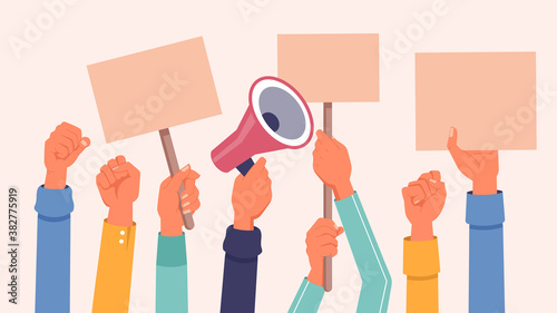 Hands with protest banners, placards and megaphone, vector flat background. Protester people hands holding banners or demonstration placards, social rights demonstration or manifestation strike