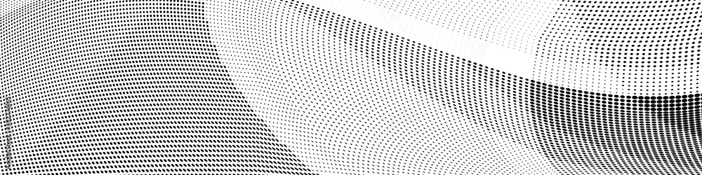 Abstract wide monochrome grunge halftone panoramic pattern.