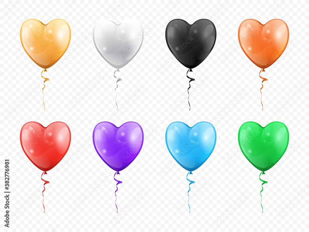 Balloons in shape of heart isolated set. Vector golden, black white, red purple, green blue heart-shape helium balloons. Valentines day and love holidays decoration, birthday and anniversary decor