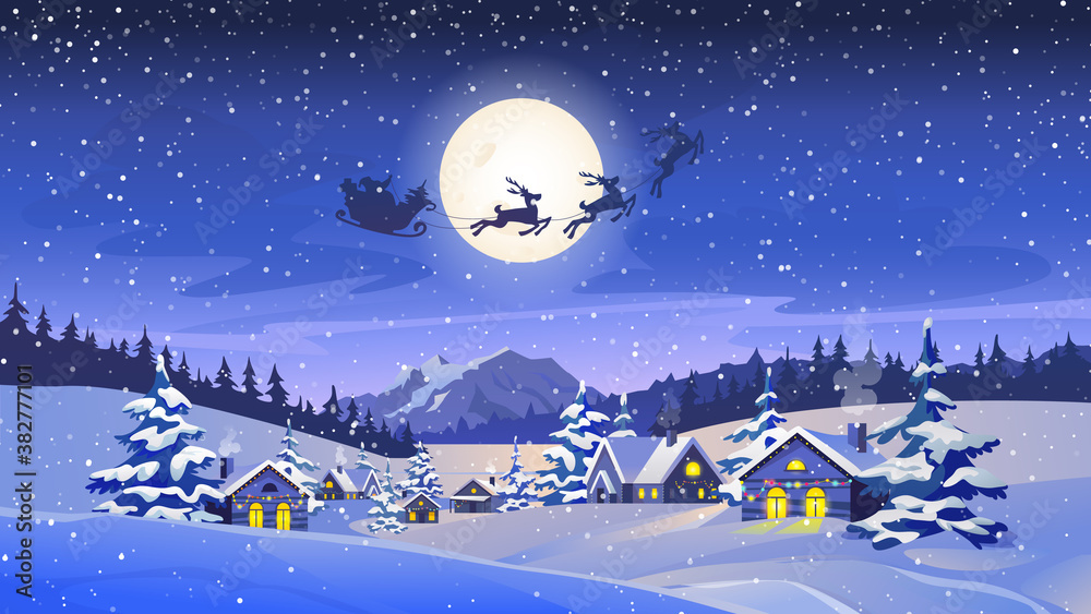 Obraz premium Reindeers pulling Santa Claus, winter scenery landscape, countryside houses with lights, snowy trees forest, mountains. Vector Christmas night, silhouette of deers with sleigh, Xmas eve greeting card