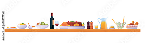 Holiday dinner on Christmas or Thanksgiving day isolated food and drinks on wooden table. Vector red wine in glass, apple fruits,ham meat of pork or lamb, jug of juice and salt with pepper species
