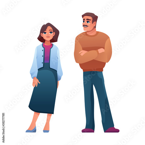 Elderly age man and woman isolated cartoon characters. Vector parents, mature people of middle aged. Businesswoman and businessman, male and female full length portrait. Adults in casual cloth