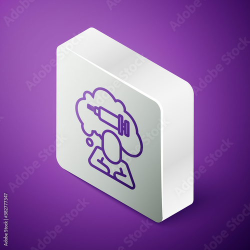 Isometric line Addiction to the drug icon isolated on purple background. Heroin, narcotic, addiction, illegal. Sick junkie with a syringe and medical pills. Silver square button. Vector.