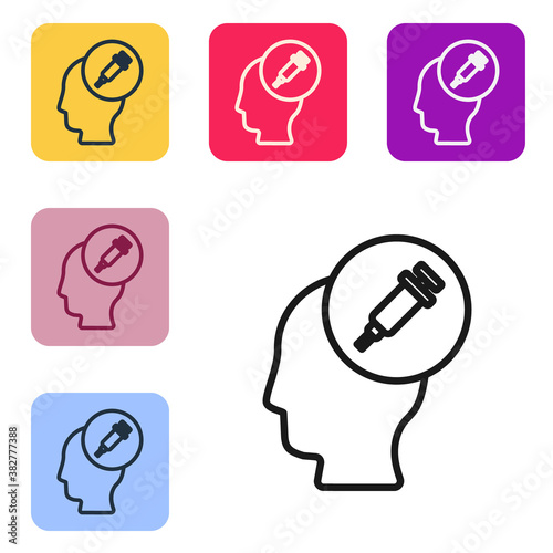 Black line Addiction to the drug icon isolated on white background. Heroin, narcotic, addiction, illegal. Sick junkie with a syringe and medical pills. Set icons in color square buttons. Vector.