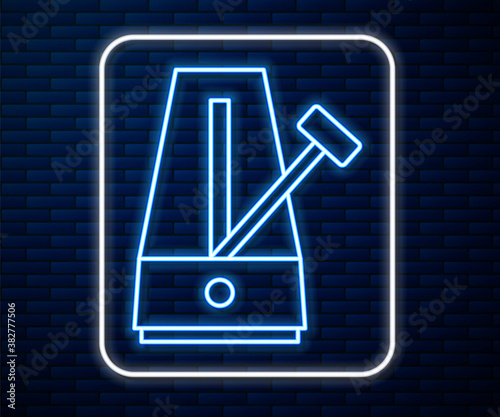 Glowing neon line Classic Metronome with pendulum in motion icon isolated on brick wall background. Equipment of music and beat mechanism. Vector.