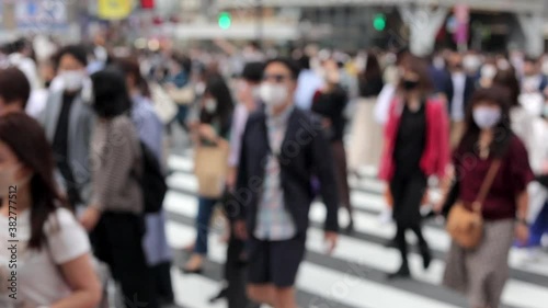 コロナ禍で渋谷スクランブル交差点を歩く若者たちのボカシ動画　スローモーション
