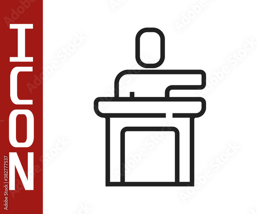Black line Speaker icon isolated on white background. Orator speaking from tribune. Public speech. Person on podium. Vector.