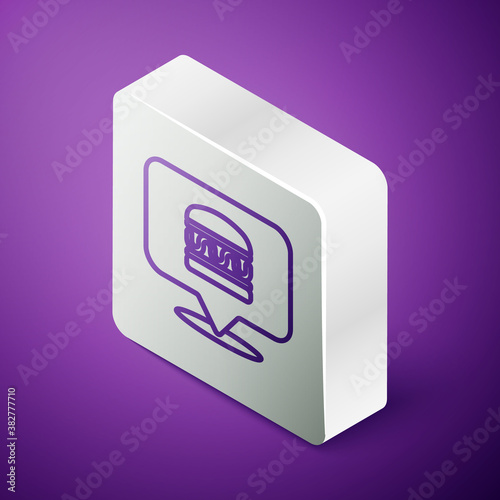 Isometric line Online ordering and burger delivery icon isolated on purple background. Silver square button. Vector.