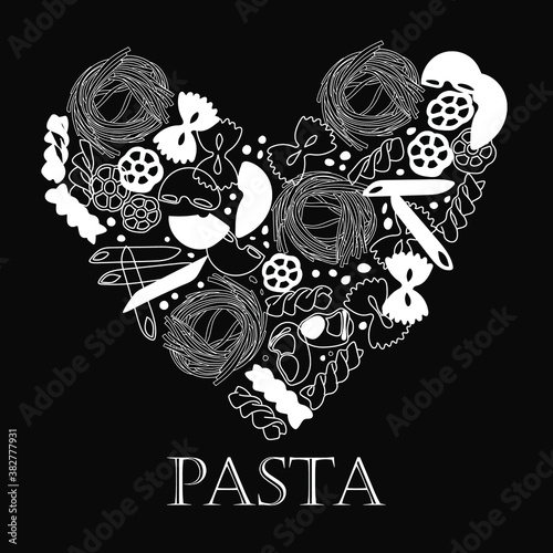 Different types of paste drawn with a white line on a black background. Imitation of a chalk drawing on a slate. Vector drawing.