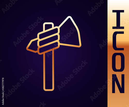 Gold line Native american tomahawk axe icon isolated on black background. Vector.