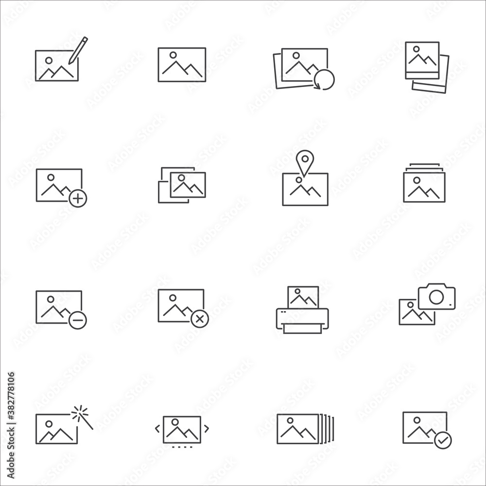 Simple Set of Photo Related Vector Line Icons. Contains such Icons as Edit, Print, Enhance Image and more. Editable Stroke.