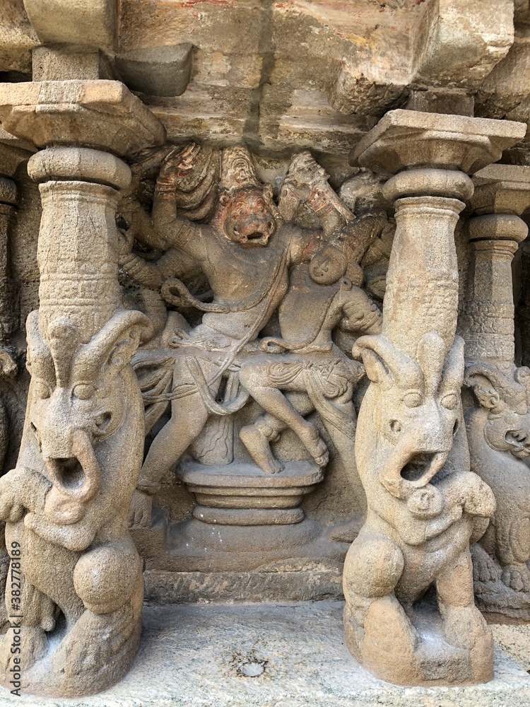 Sandstone carvings of Lion sculpture in the pillars of ancient kanchi Kailasanathar temple in Kanchipuram