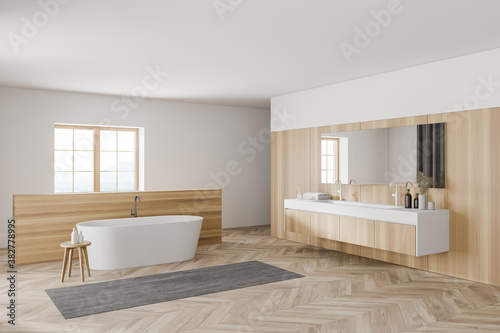 Modern white and wooden bathroom corner