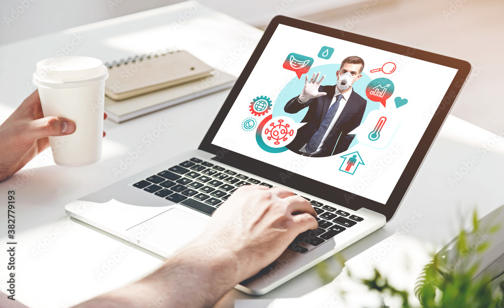 Fototapeta premium Woman using laptop with man and medical icons