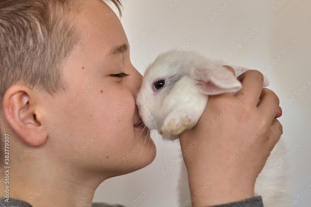 a boy with a white rabbit in his hands a boy with a white rabbit in his hands