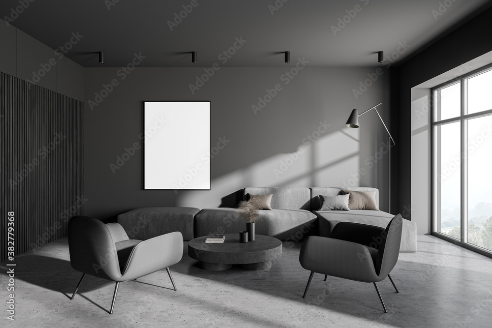 Modern dark gray living room with armchairs and poster