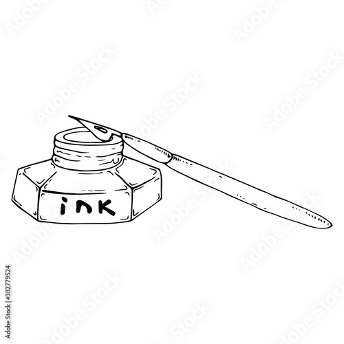 Inkwell with a pen for calligraphy. Vector illustration of a pen and ink. Hand drawn inkwell with a feather.