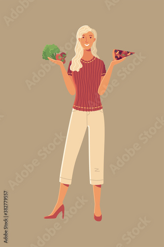 Young woman choosing between broccoli, tomato, and pizza cartoon vector illustration. Fresh vegetables vs fast food. Smiling girl comparing diet and healthy eating or junk fast food flat concept