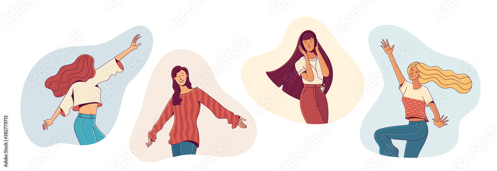 Young happy women dancing vector illustration. Cheerful girls enjoying music female cartoon character. Positive thinking and freedom flat collection. Good mood power