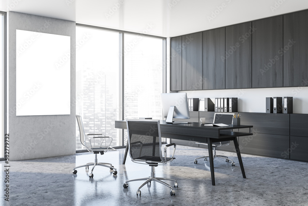 Fototapeta premium Modern white CEO office with wooden cabinets and poster