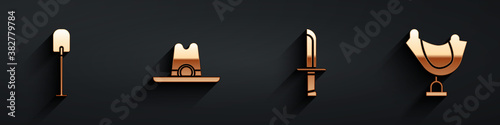 Set Shovel, Western cowboy hat, Military knife and Wild west saddle icon with long shadow. Vector.