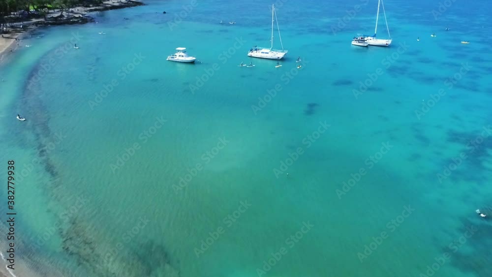Aerial, pov, boats anchored off the coast of Hawaii Island, USA Aerial, pov, boats anchored off the coast of Hawaii Island, USA