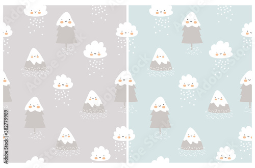 Cute Seamless Vector Patterns with Childish Style Winter Landscape. Smiling Mountain, Christmas Tree and Fluffy Cloud Isolated on a Gray and Blue Background. Winter Forest Print. 