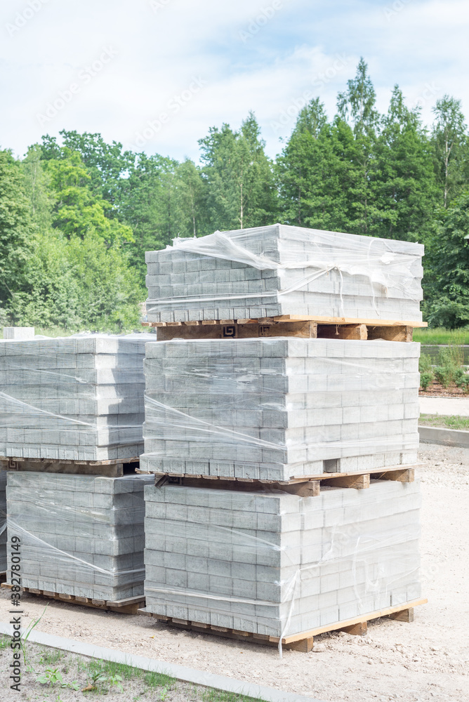 Lot of pallets with bloks for road street works Lot of pallets with bloks for road street works