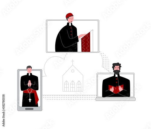 Vector flat illustration priest who prays over Bible online Concept Church and Liturgy online. It can be used in web design, banners, etc.