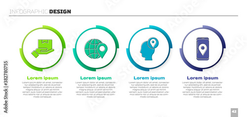 Set Delivery hand with boxes, Location on the globe, Delivery man with cardboard boxes and Mobile with app delivery tracking. Business infographic template. Vector.