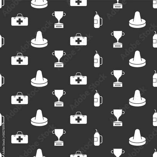 Set Fitness shaker, Mallet for playing air hockey, First aid kit and Award cup on seamless pattern. Vector.