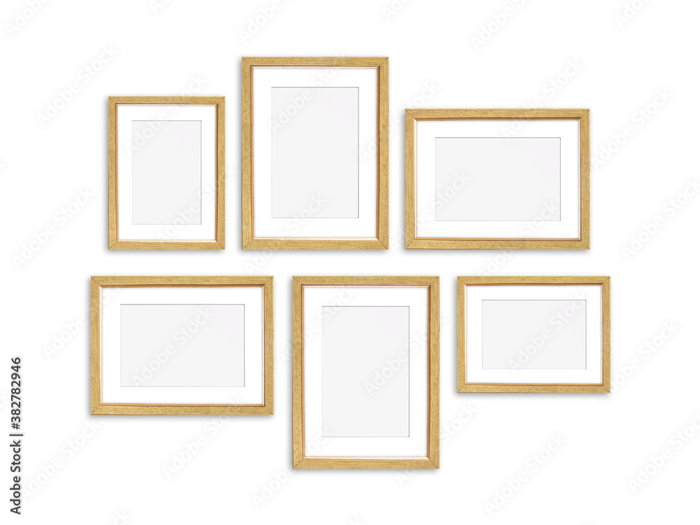 Golden frames set, six realistic frameworks isolated on white background Golden frames set, six realistic frameworks isolated on white background