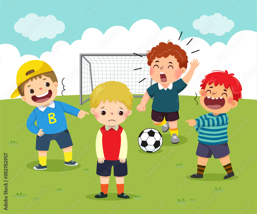 Vector illustration cartoon of a sad little boy being bullied by his friends in schoolyard. Vector illustration cartoon of a sad little boy being bullied by his friends in schoolyard.