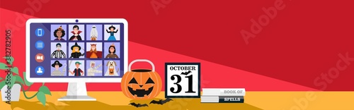 Children in Halloween dress video meetings at home. Vector