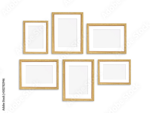 Golden frames set, six realistic frameworks isolated on white background