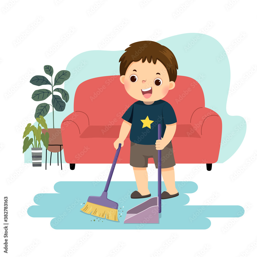Vector illustration cartoon of a little boy sweeping the floor. Kids