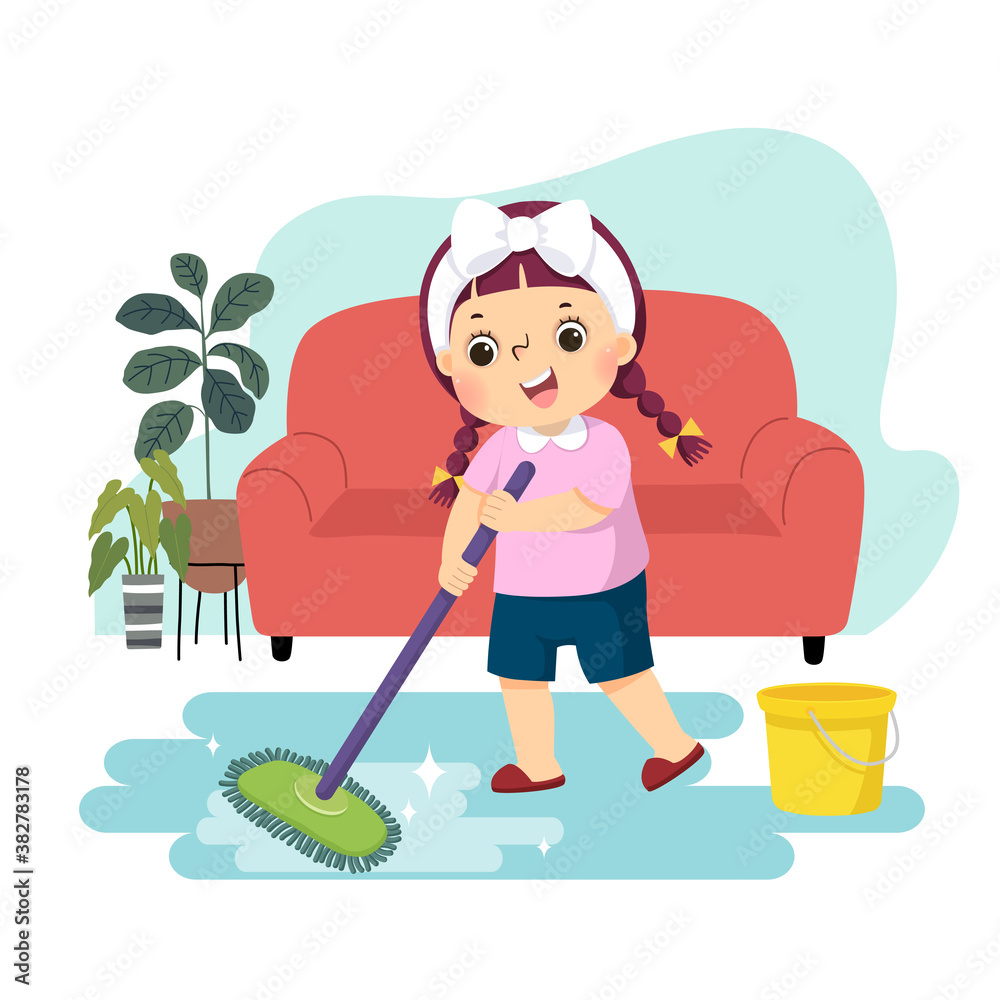 Vector illustration cartoon of a little girl mopping the floor. Kids doing  housework chores at home concept. Stock Vector | Adobe Stock