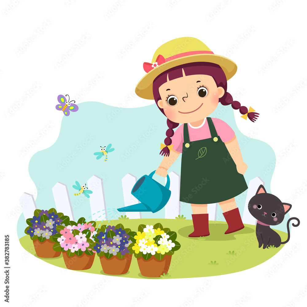 Vector illustration cartoon of a little girl watering plant. Kids doing ...