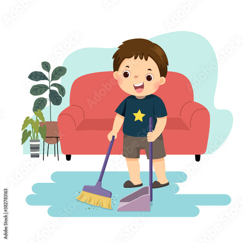 Vector illustration cartoon of a little boy sweeping the floor. Kids doing housework chores at home concept.