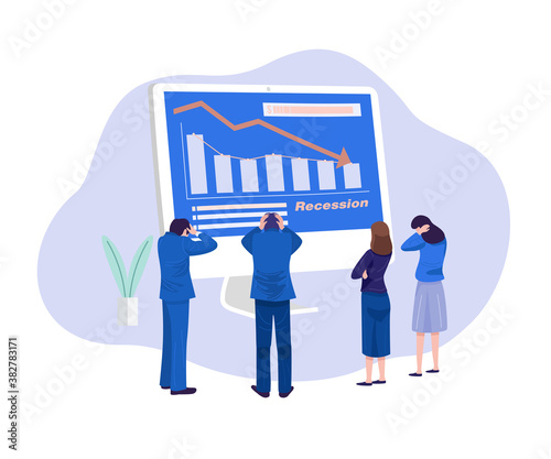 Business concept illustration. Stressed businessmen looking at falling diagram.