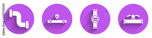 Set Industry metallic pipe, Industry pipe and manometer, Water meter and Industry pipe and valve icon with long shadow. Vector.