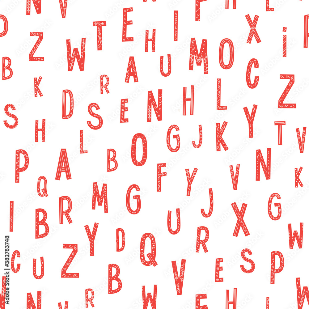 Seamless pattern with handwriting red letters and linear graphic inside. Vector alphabet illustration for wrapping paper, greeting cards, Christmas and New Year decoration.