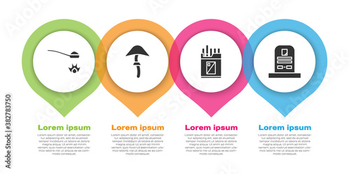 Set Heroin in a spoon, Psilocybin mushroom, Open cigarettes pack box and Tombstone with RIP written. Business infographic template. Vector.