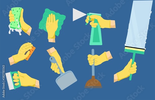 Cleaning icons. Cleaning tools with hands. House holding equipment in rubber glove hand, detergent supply products and sanitation houseworker clean tools using